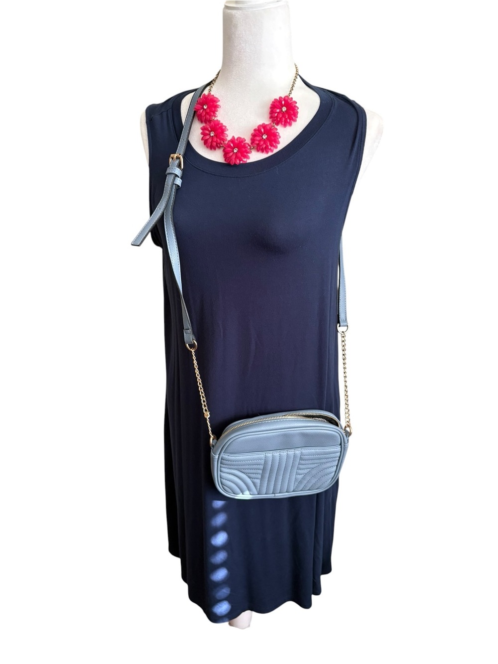 Amazon Light Blue Quilted Crossbody Bag with Gold Chain